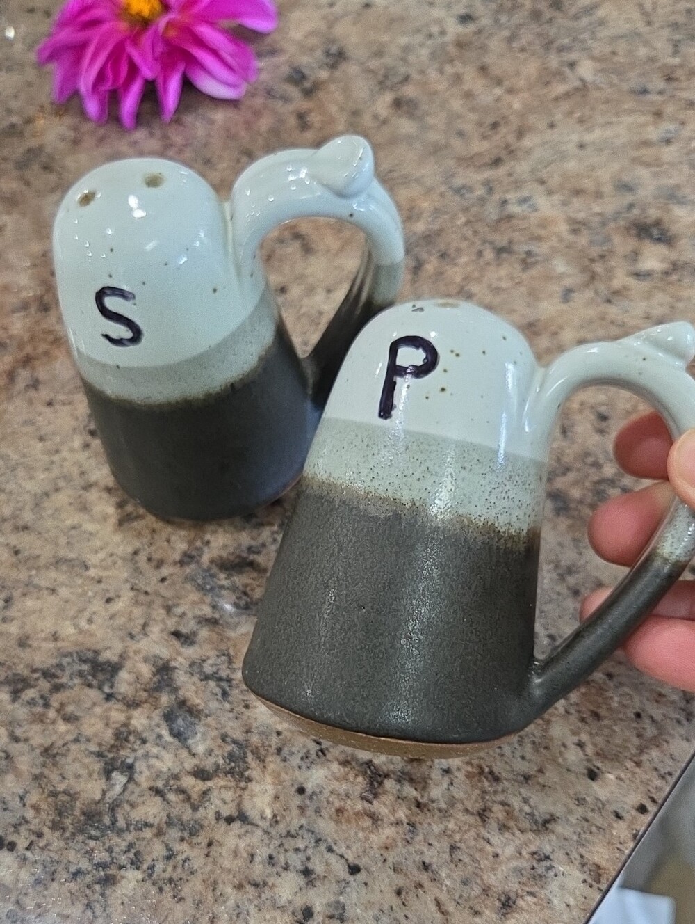 Two-Tone Gray and Cream Ceramic Salt & Pepper Shakers - Rustic Serveware